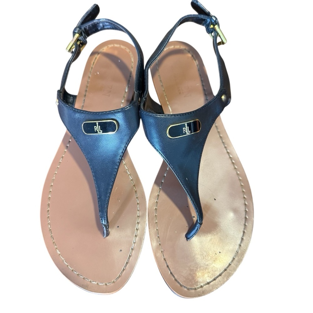 RALPH LAUREN Black Leather Sandals Flats Heel Strap Buckle Monogram Logo Size 8